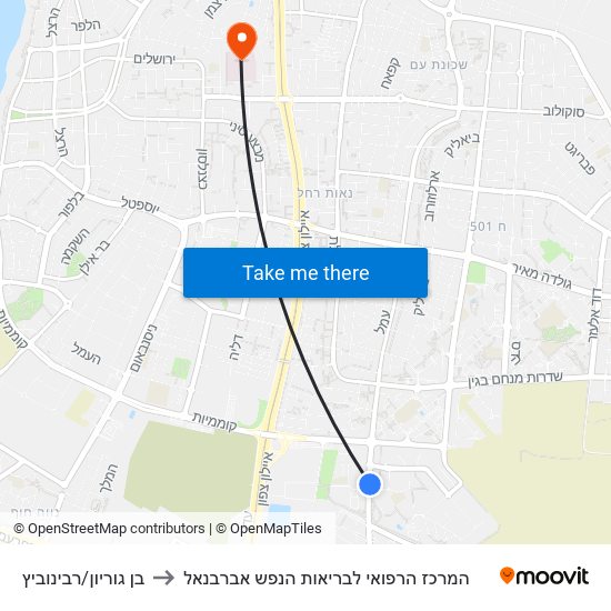 בן גוריון/רבינוביץ to המרכז הרפואי לבריאות הנפש אברבנאל map