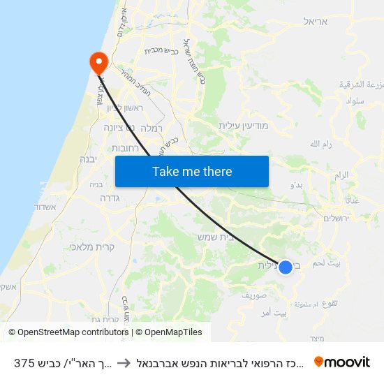 דרך האר''י/ כביש 375 to המרכז הרפואי לבריאות הנפש אברבנאל map