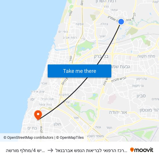 כביש 4/מחלף מורשה to המרכז הרפואי לבריאות הנפש אברבנאל map