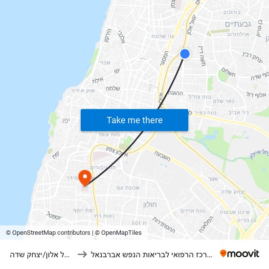 יגאל אלון/יצחק שדה to המרכז הרפואי לבריאות הנפש אברבנאל map