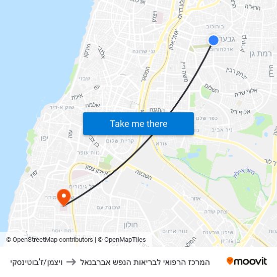 ויצמן/ז'בוטינסקי to המרכז הרפואי לבריאות הנפש אברבנאל map