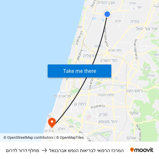 מחלף דרור לדרום to המרכז הרפואי לבריאות הנפש אברבנאל map