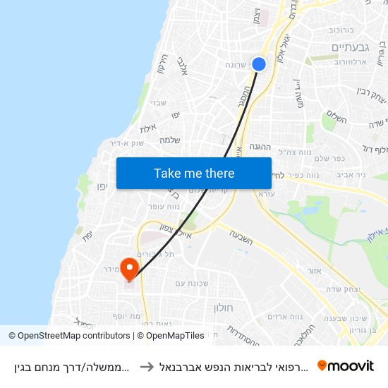 קריית הממשלה/דרך מנחם בגין to המרכז הרפואי לבריאות הנפש אברבנאל map