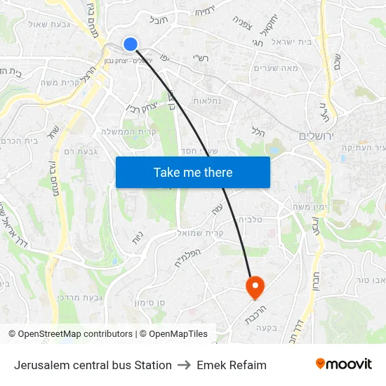 Jerusalem central bus Station to Emek Refaim map