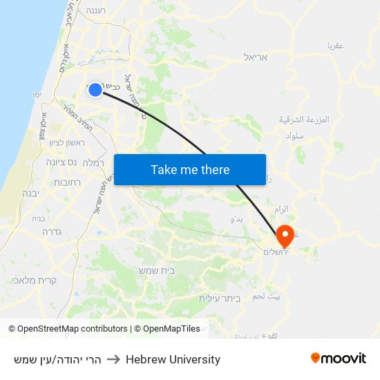 הרי יהודה/עין שמש to Hebrew University map