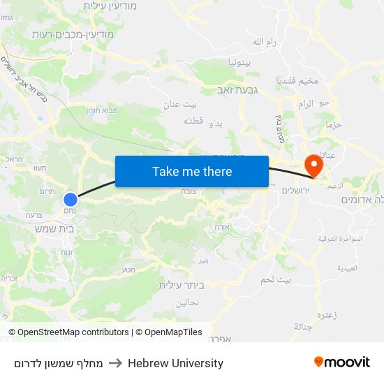 מחלף שמשון לדרום to Hebrew University map