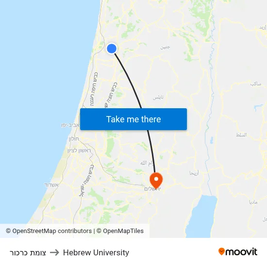 צומת כרכור to Hebrew University map