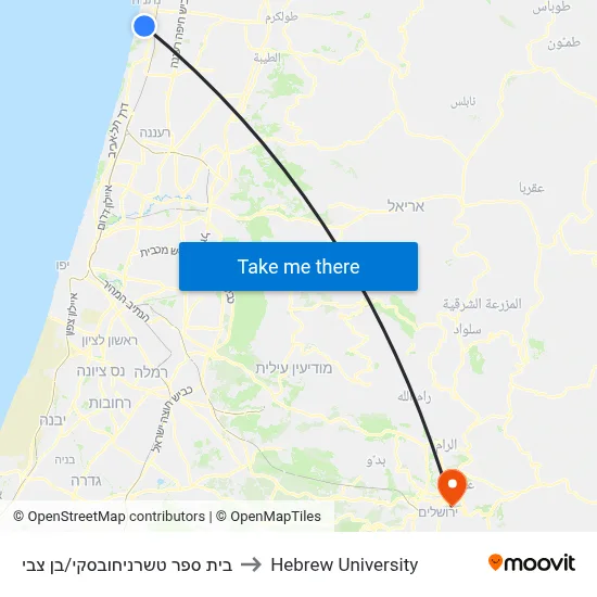 בית ספר טשרניחובסקי/בן צבי to Hebrew University map