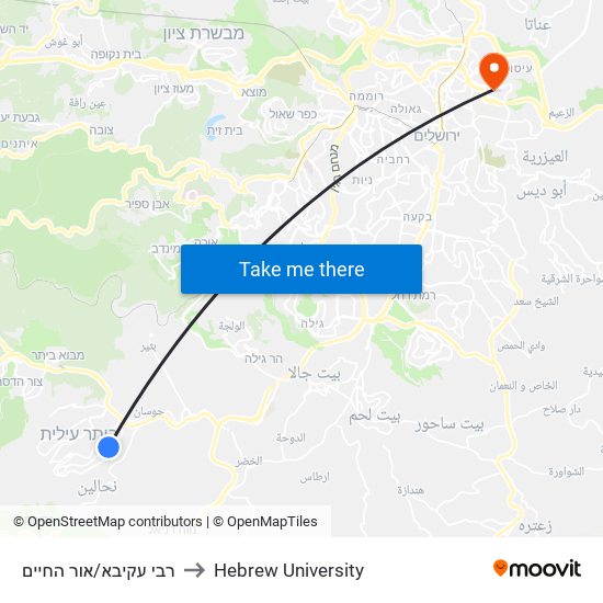 רבי עקיבא/אור החיים to Hebrew University map