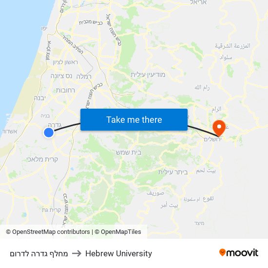 מחלף גדרה לדרום to Hebrew University map