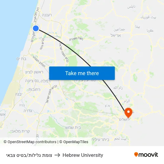 Glilot Junction/Military Base to Hebrew University map