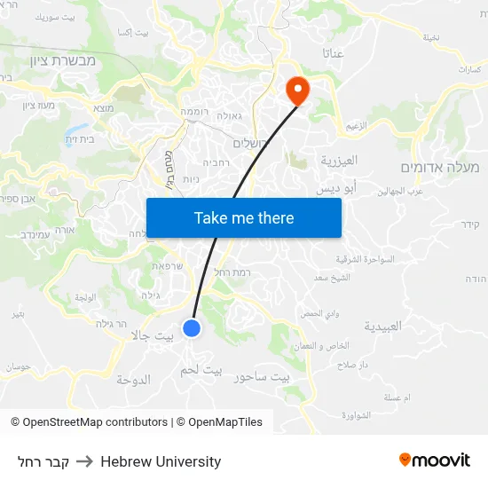 Rachel's Tomb to Hebrew University map