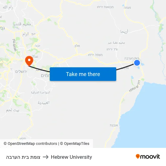 Beit HaArava Junction to Hebrew University map