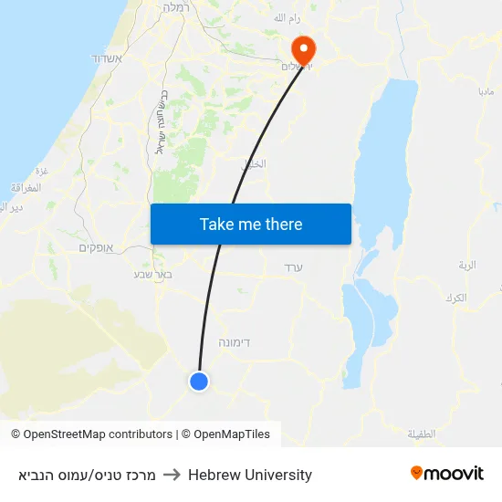 Tennis Center/Amos HaNavi to Hebrew University map