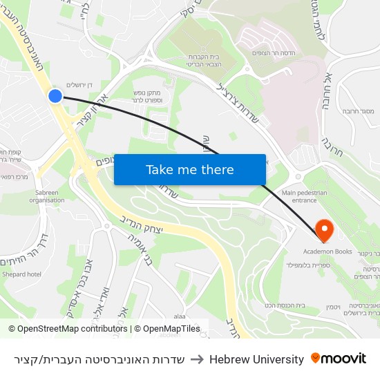 שדרות האוניברסיטה העברית/קציר to Hebrew University map