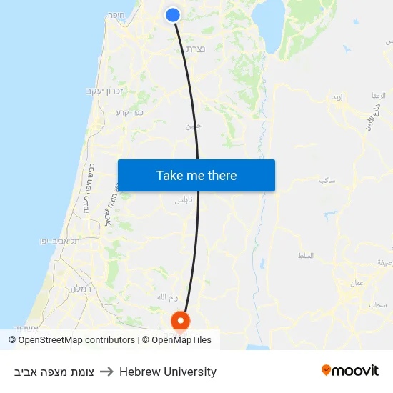Mitzpe Aviv Junction to Hebrew University map