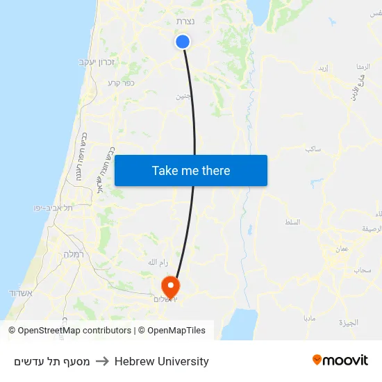 Tel Adashim Junction to Hebrew University map