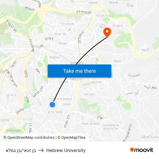 Ben Zakai/Ben Gamla to Hebrew University map