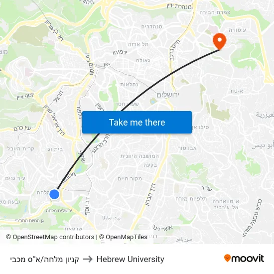 Malha Mall/Maccabi Field to Hebrew University map