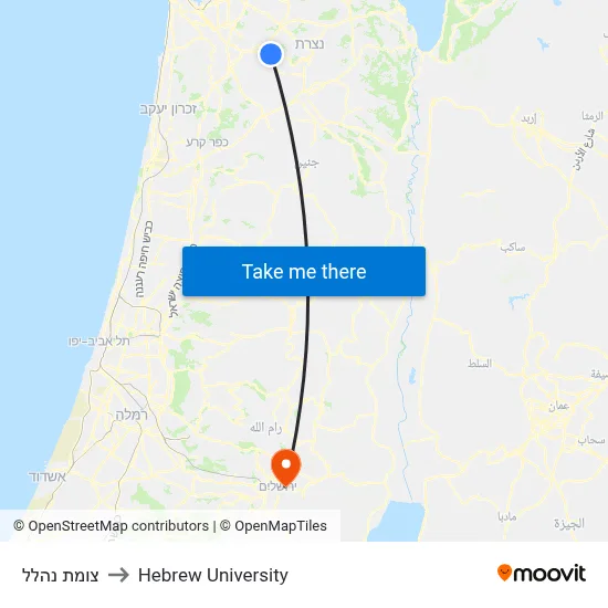 Nahalal Junction to Hebrew University map