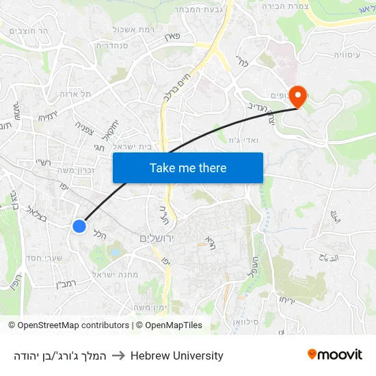 King George/Ben Yehuda to Hebrew University map