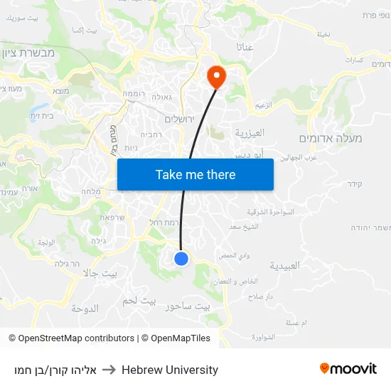 Eliyahu Koren/Ben Hamo to Hebrew University map