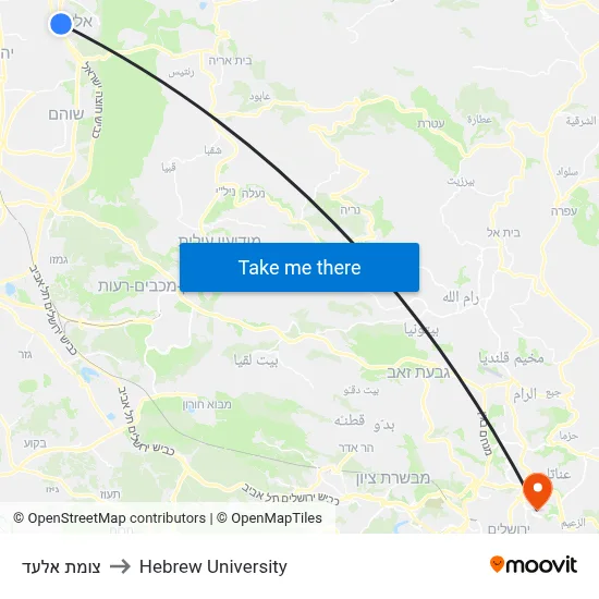 Elad Junction to Hebrew University map