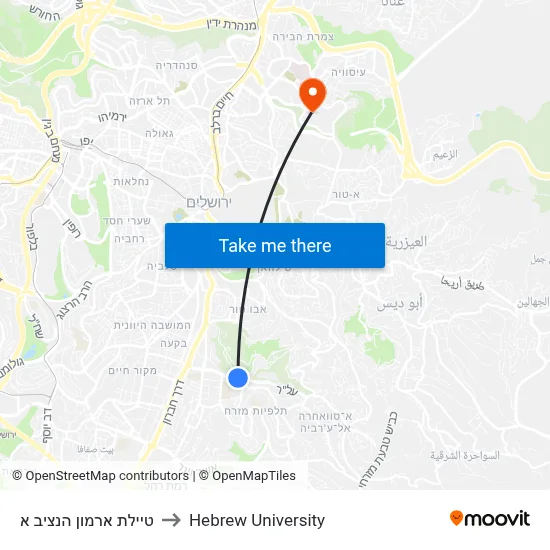Armon HaNatziv Promenade A to Hebrew University map