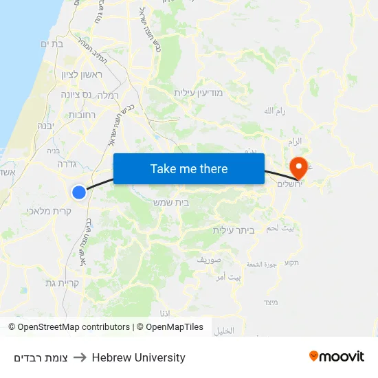 Revadim Junction to Hebrew University map