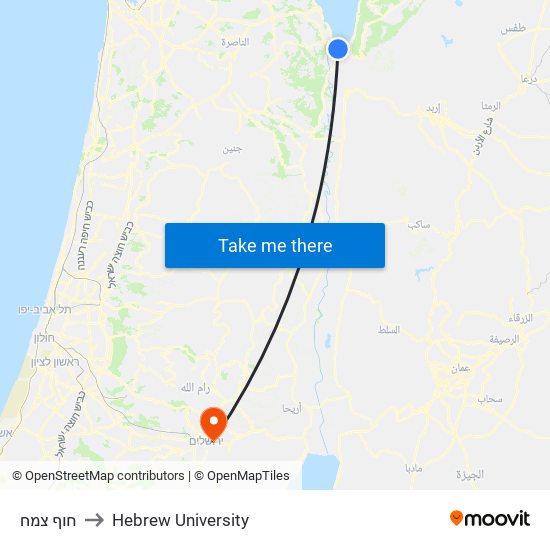 חוף צמח to Hebrew University map