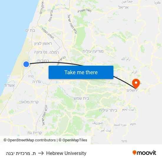 Yavne Central Station to Hebrew University map