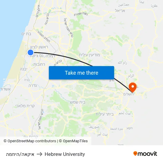 IKEA/HaYozma to Hebrew University map