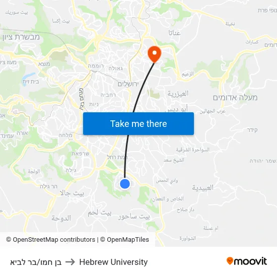 Ben Hamo/Bar Lavi to Hebrew University map