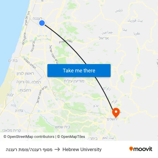 Raanana Terminal/Raanana Junction to Hebrew University map