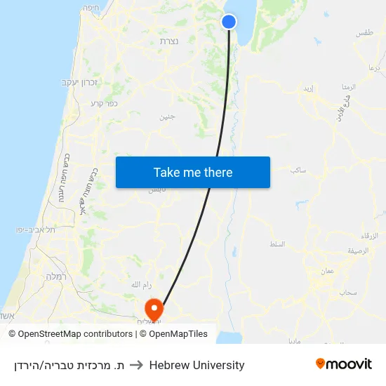 Tiberias Central Station/HaYarden to Hebrew University map