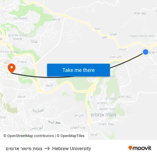 Mishor Adumim Junction to Hebrew University map