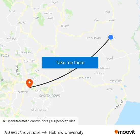 Na'ama Junction/Road 90 to Hebrew University map