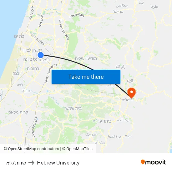 שדות/גיא to Hebrew University map