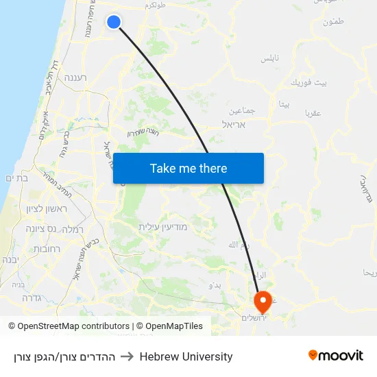 HaHadarim Tzoran/HaGefen Tzoran to Hebrew University map