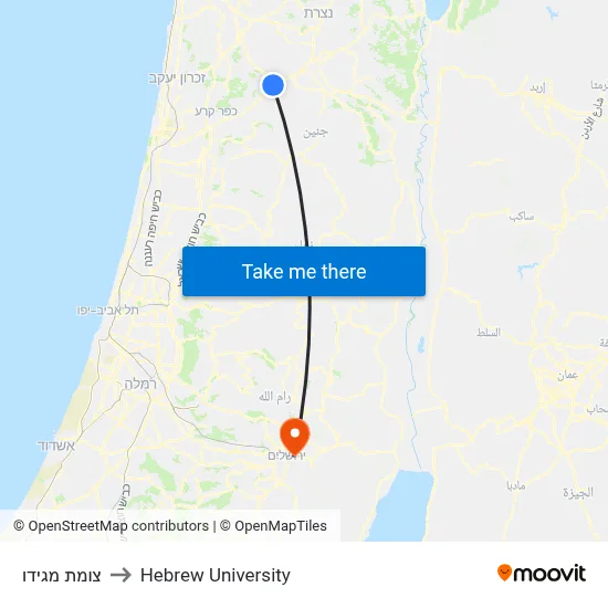 Megiddo Junction to Hebrew University map