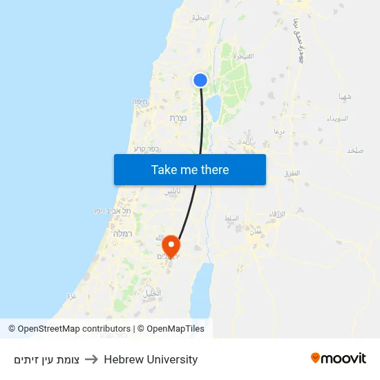 Ein Zeitim Junction to Hebrew University map