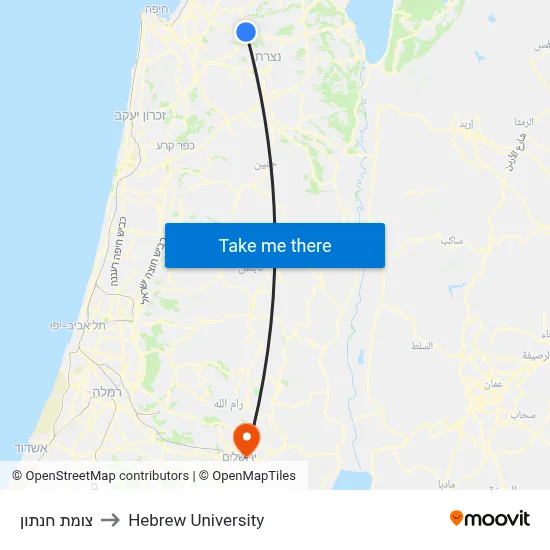 Hanaton Junction to Hebrew University map