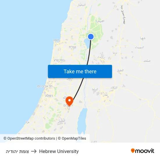 Yehudiya Junction to Hebrew University map