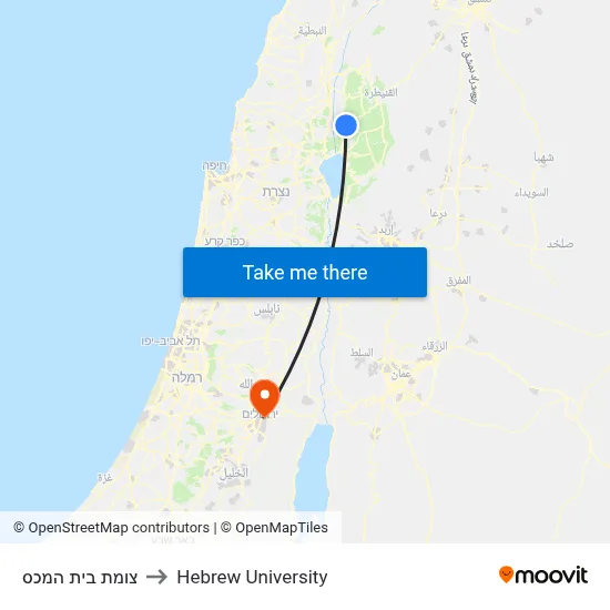 Beit HaMeches Junction to Hebrew University map