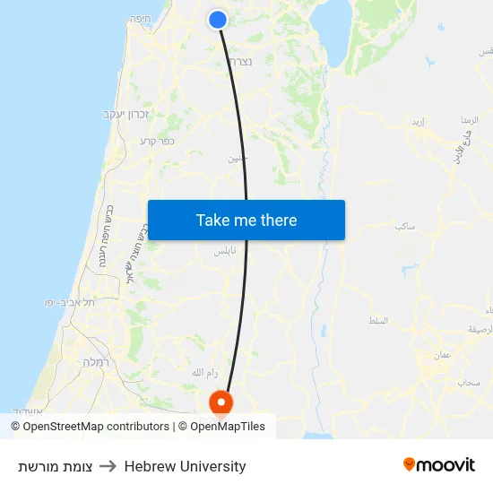 Moreshet Junction to Hebrew University map