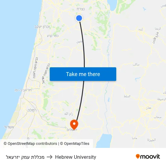 Emek Yizrael College to Hebrew University map