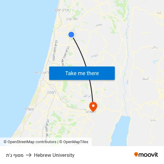 Jatt Terminal to Hebrew University map