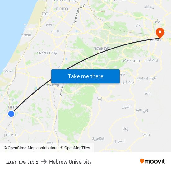 צומת שער הנגב to Hebrew University map