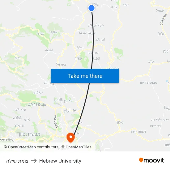 Shilo Junction to Hebrew University map