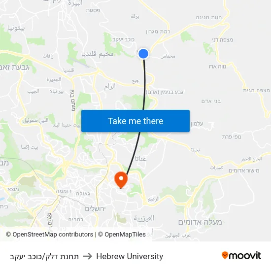 Gas Station/Kochav Yaakov to Hebrew University map